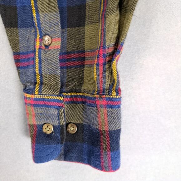 Vtg Boston Traders Plaid Flannel Button Down Shirt Men's L Long Slv Navy Olive - Picture 9 of 10